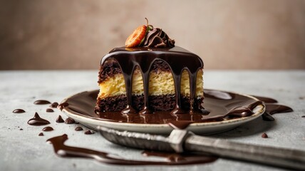 Delicious chocolate cake with a layer of vanilla cream, topped with a strawberry slice and chocolate icing.