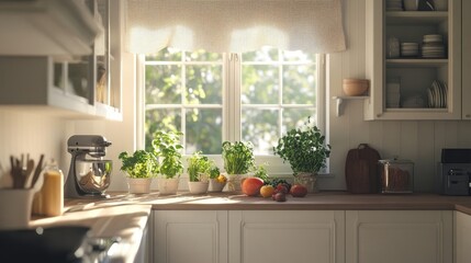 Bright and Elegant Kitchen with Fresh Vegetables and Tasteful Window Treatments in Afternoon Light