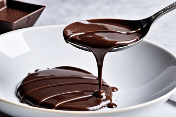 Melted chocolate being poured onto a chocolate cookie in a white bowl.