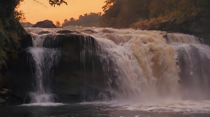 Obraz premium waterfall with water flowing down it at sunset in a wooded area
