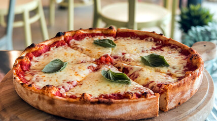 Mouthwatering Chicago-style deep-dish pizza topped with melted four cheeses and fresh basil, served in a cozy restaurant with a warm, inviting ambiance. 