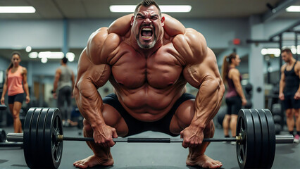 Exaggerated bodybuilder in a gym lifting heavy weights with a humorous expression and massive muscles.