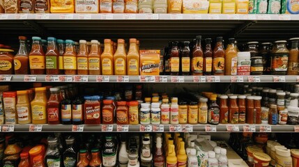 Obraz premium Grocery Aisle with a Vibrant Selection of Condiments and Sauces on Display