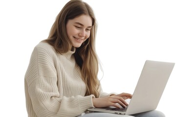 Naklejka premium Caucasian student freelancer woman using laptop for remote work