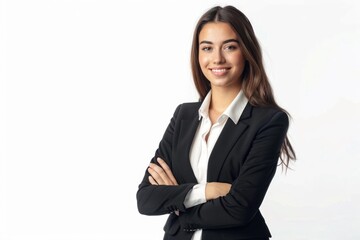 Obraz premium Smiling businesswoman in suit posing for portrait.
