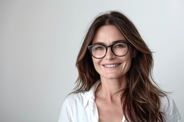 Fototapeta premium Happy middle aged businesswoman in glasses with cool smile.