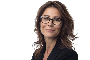 Obraz premium Happy middle aged businesswoman in glasses with cool smile.