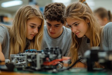 Fototapeta premium Photograph students collaborating on a robotics project in a technology class