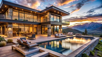 Obraz premium Elegant, modern, mountain-inspired luxury home in Utah, featuring expansive windows, rustic wooden accents, and breathtaking Rocky Mountain vistas from its sweeping outdoor patio and infinity pool.