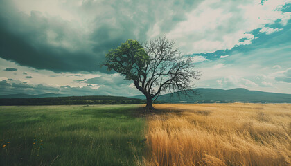 Fototapeta premium Creative Landscape Concept. Living and Dead Tree