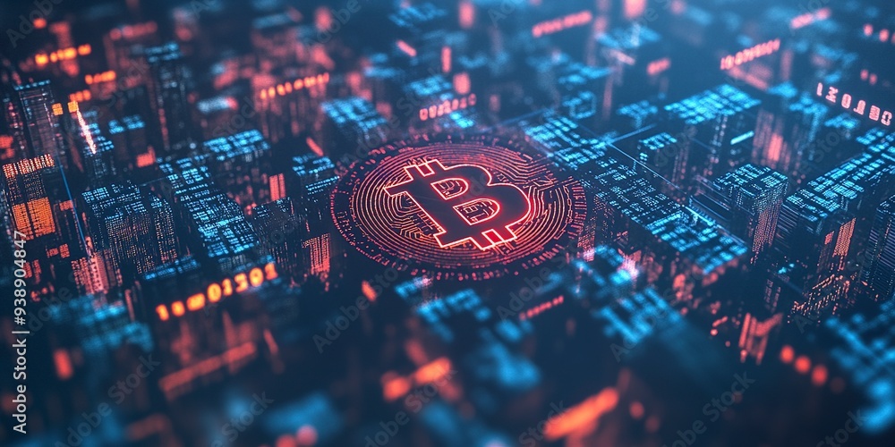Poster creative glowing digital bitcoin on blurry wide toned city background with binary coding. virtual cr