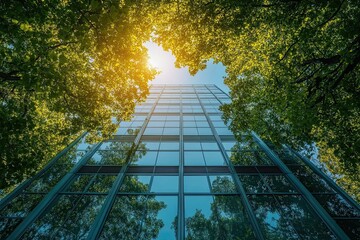 Glass skyscraper surrounded by green trees and sunlight