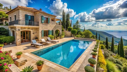 Fototapeta premium Elegant stone villa with turquoise infinity pool and lush greenery overlooks sun-kissed Mediterranean Sea, epitomizing luxury and serenity in a tropical paradise setting.