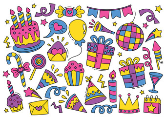 Set of party doodle. Sketch of Birthday decoration, gift box, cake, party hats in sketch style. Hand drawn party set illustration.