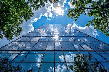 Skyscraper reflecting trees and sky