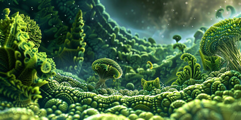 Alien World with Green Terrain and Celestial Bodies in the Sky
