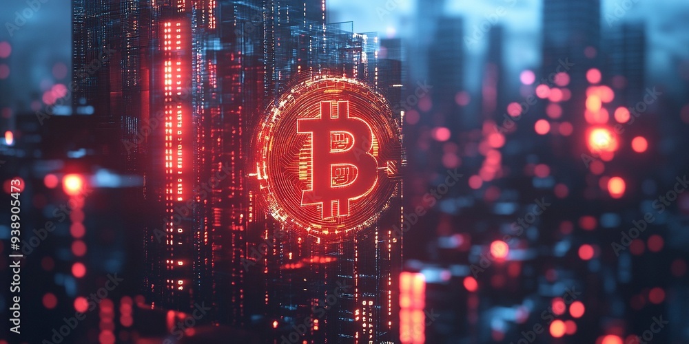 Poster creative glowing digital bitcoin on blurry wide toned city background with binary coding. virtual cr