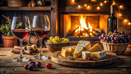 Elegant wine and cheese tasting setup on a rustic wooden table in a cozy home interior with soft lighting and a warm atmosphere.
