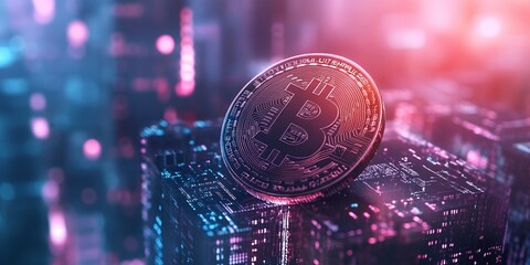 Creative glowing digital bitcoin on blurry wide toned city background with binary coding. Virtual cryptocurrency and futuristic banking concept. Generative ai