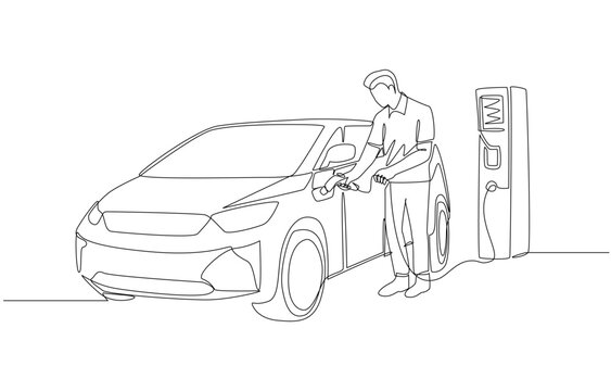 recommend clip art: Continuous one line drawing of man charging electric car at public charging station, environmentally friendly lifestyle with electric vehicle concept, single line art.