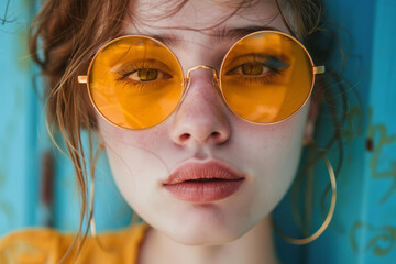 A young woman wearing yellow round sunglasses