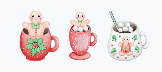 Watercolor Cute Hand Drawn Christmas Mug with sugar. Illustration with Festive Holiday Design for Cozy Art