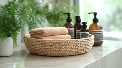 Rattan basket with natural spa cosmetics and towel among green leaves on bathroom table for herbal skincare branding.
