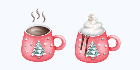 Delicate Hand Drawn Watercolor red Christmas Mug with Whimsical and Warm Design in Soft Tones