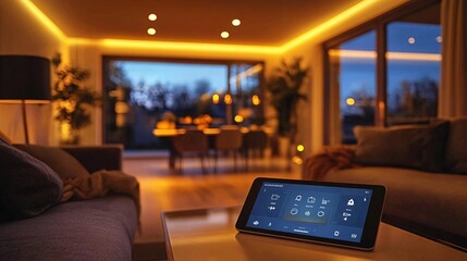 A modern living room with a tablet on a coffee table, displaying a smart home app interface for controlling devices and monitoring security
