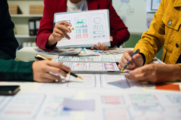 UX developer and ui designer brainstorming about mobile app interface wireframe design with...