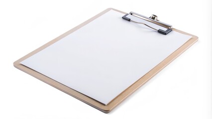 Empty white clipboard with a clip on top and a blank paper inside, isolated on a white background, ready for customization or design.