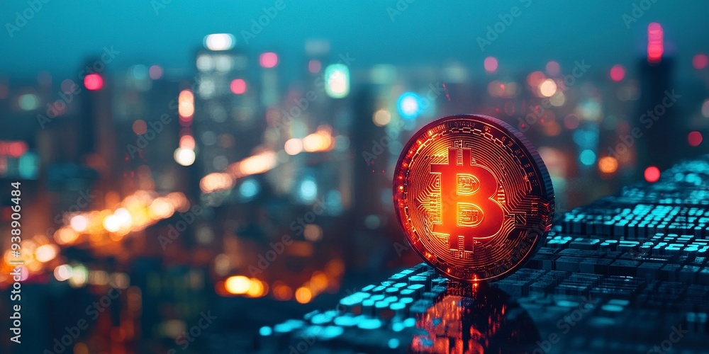 Poster creative glowing digital bitcoin on blurry wide toned city background with binary coding. virtual cr