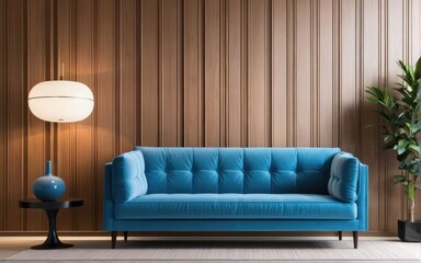 Blue sofa against paneling wall. Minimalist loft home interior design of modern living room