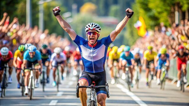 Exhausted yet exhilarated cyclist raises arms in triumph, crossing the finish line first, basking in glory, as spectators cheer in the vibrant outdoor atmosphere.