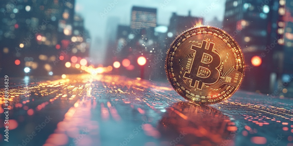 Poster creative glowing digital bitcoin on blurry wide toned city background with binary coding. virtual cr