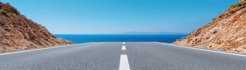 A scenic coastal road stretches towards the horizon, flanked by rocky hills and the sparkling blue ocean under a clear sky.