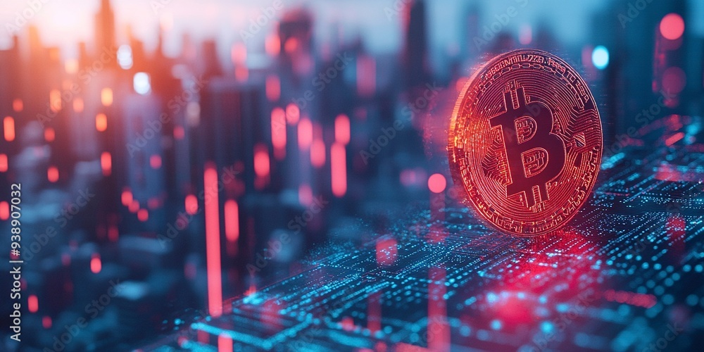 Poster creative glowing digital bitcoin on blurry wide toned city background with binary coding. virtual cr