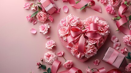 Heart-shaped ribbon with gift boxes and rose flowers on pink background for Valentine�s Day Mother�s Day birthday romantic flat lay.