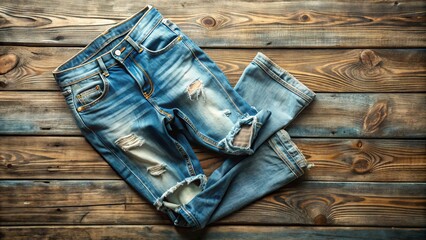 Faded and distressed, a pair of worn-in blue jeans lies crumpled on a rustic wooden floor, exhibiting a perfectly imperfect, laid-back, and relaxed summer vibe.
