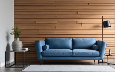 Blue sofa against paneling wall. Minimalist loft home interior design of modern living room