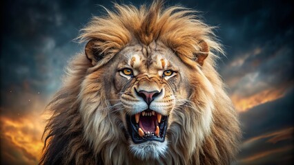 Obraz premium Ferocious Lion With Bared Teeth And Piercing Eyes, Emitting An Aura Of Untamed Aggression And Raw, Primal Power.