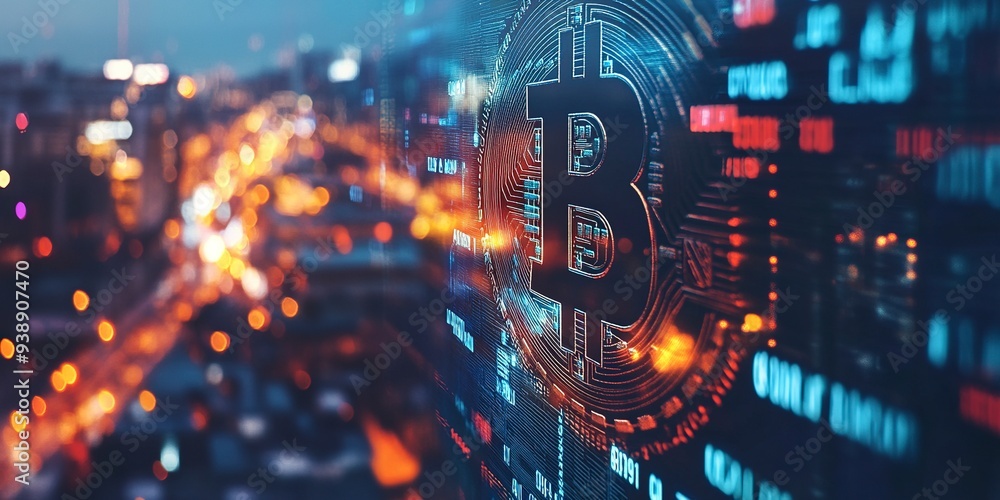 Poster creative glowing digital bitcoin on blurry wide toned city background with binary coding. virtual cr
