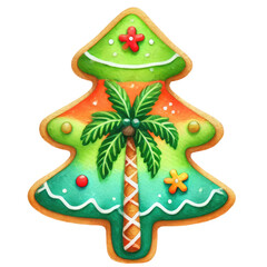 Christmas tree-shaped cookie with a palm tree design, blending festive and tropical elements in a colorful holiday treat.