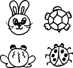 stylized black and white images of various animals, hand-drawn