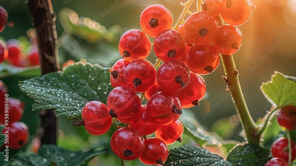 Poster close-up image of a branch of red currants with dew drops.