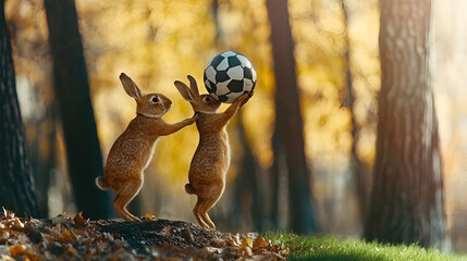 Obraz premium Cute rabbit playing football with a beautiful background.