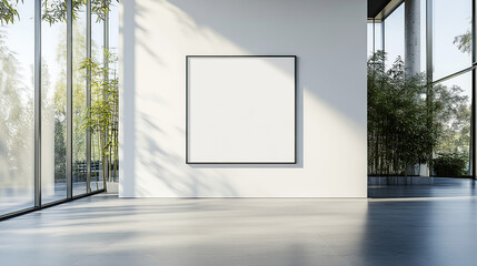 A mockup of an empty, blank white square frame on the wall in a modern art gallery