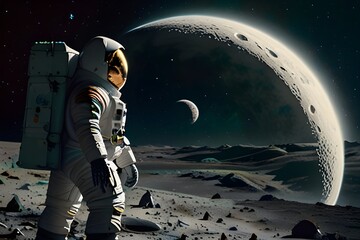 Obraz premium Write a story from the perspective of an astronaut standing on the Moon's edge, gazing out at the stunning blue-green planet suspended in the darkness, feeling a deep sense of wonder and connection to