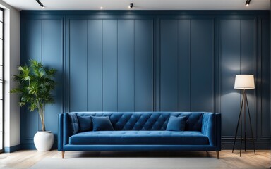 Blue sofa against paneling wall. Minimalist loft home interior design of modern living room
