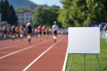 Empty signboard stands beside a track and field event as athletes compete in a race